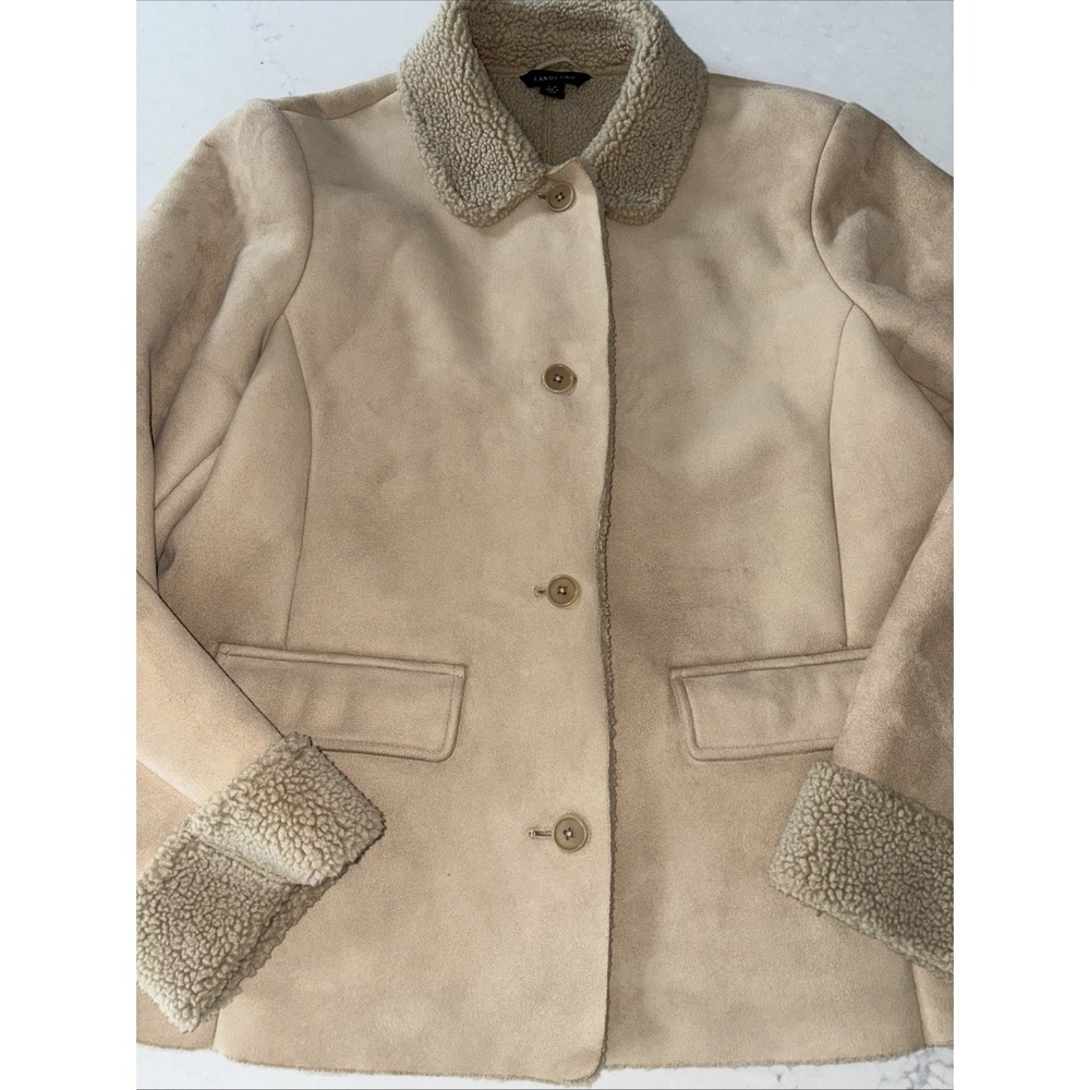 Lands End Jacket Beige Faux Suede Buttons Borg Sherpa‎ Lined L 14-16 Barn Chore